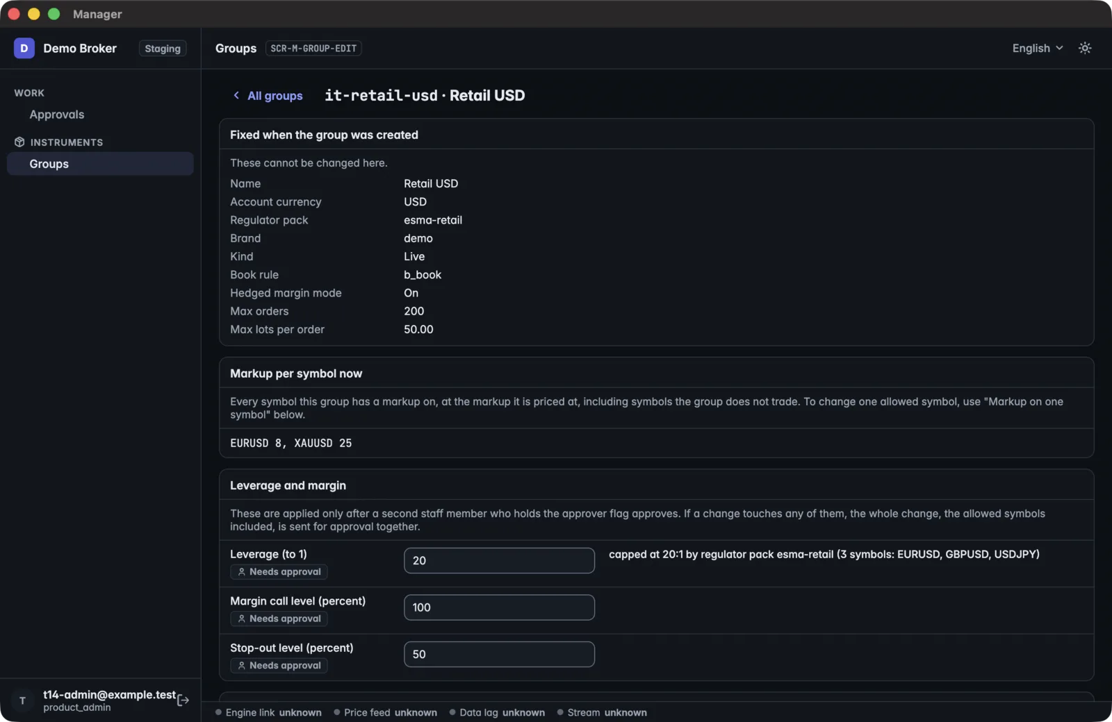 The manager terminal group page for Retail USD, with leverage, margin call and stop-out fields marked as needing approval.